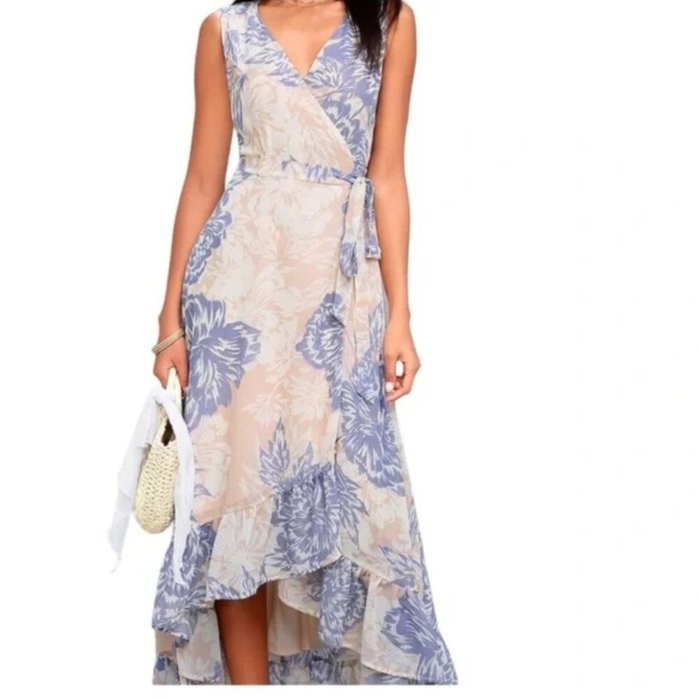 LULUS The Desert Trip Peach Floral High Low Wrap Dress Sz S